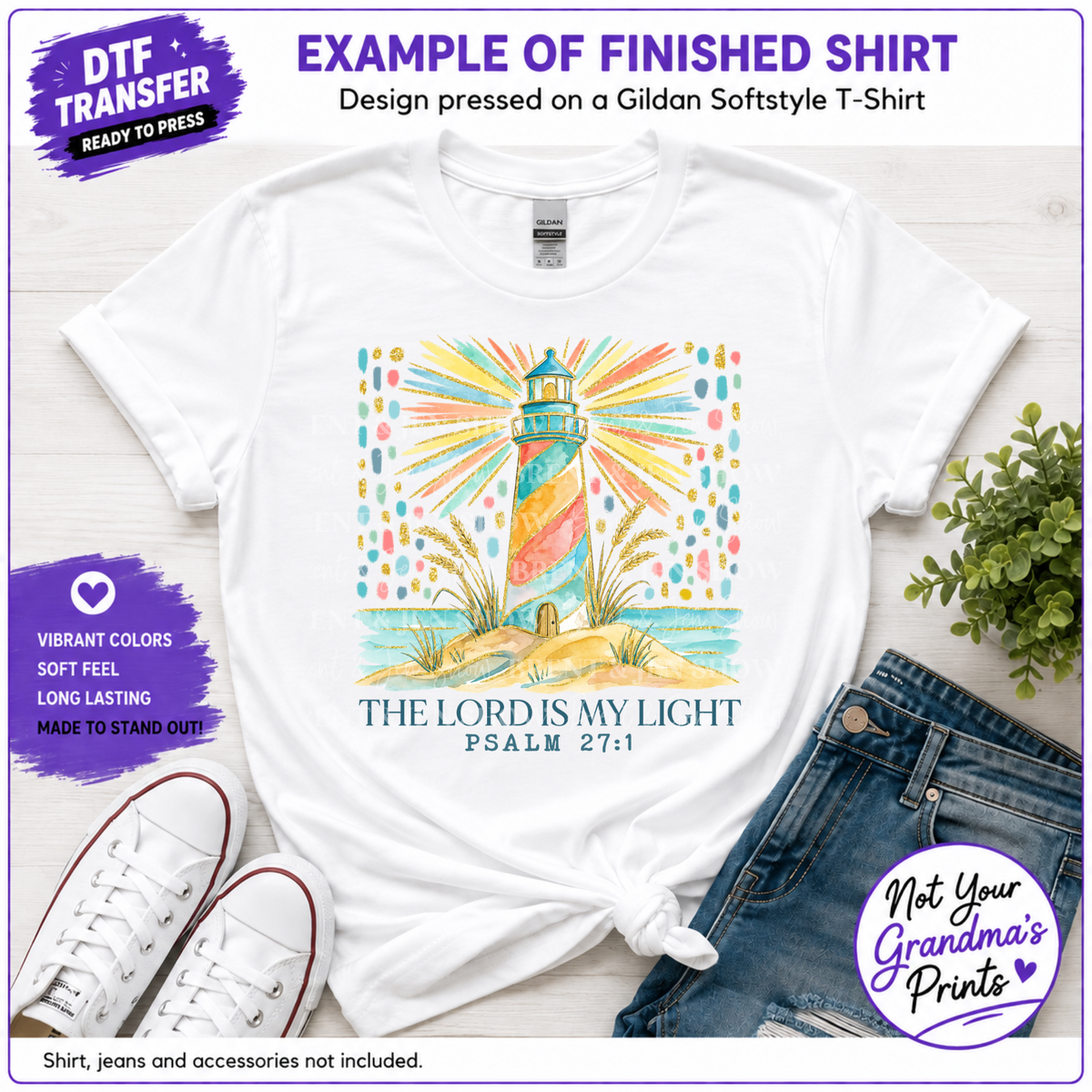DTF or Sublimation Transfer – Lighthouse Psalm 27:1 Religious Art (Ready-to-Press)