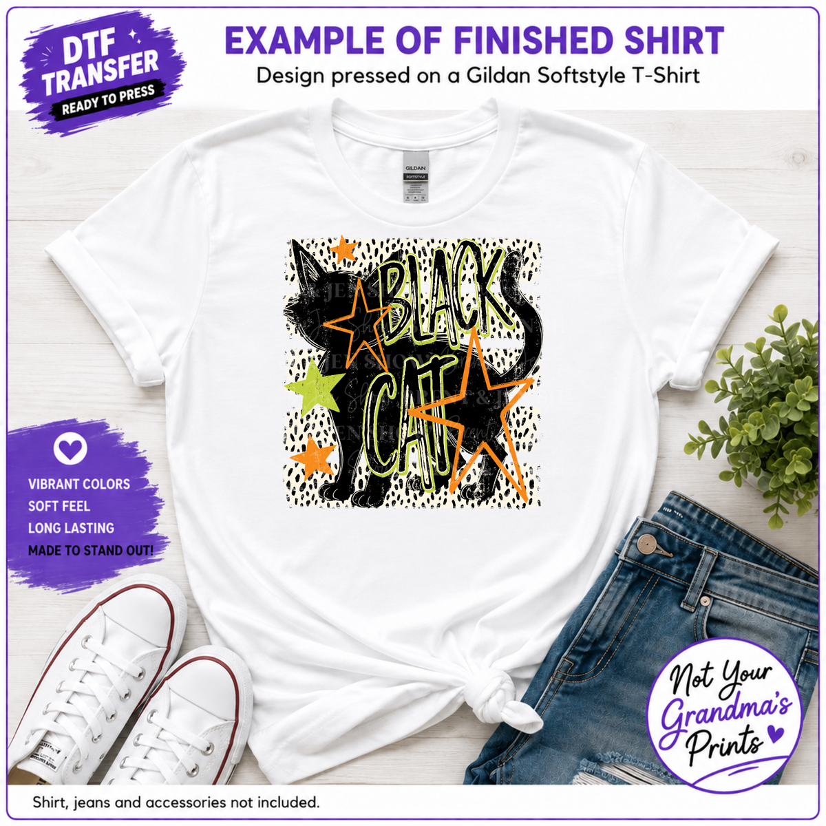 Retro Black Cat DTF Transfer: Distressed Silhouette, Neon Stars (Ready-to-Press)