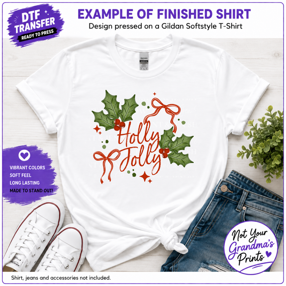 Holly Jolly DTF Transfer: Watercolor Holiday Script (Ready-to-Press)