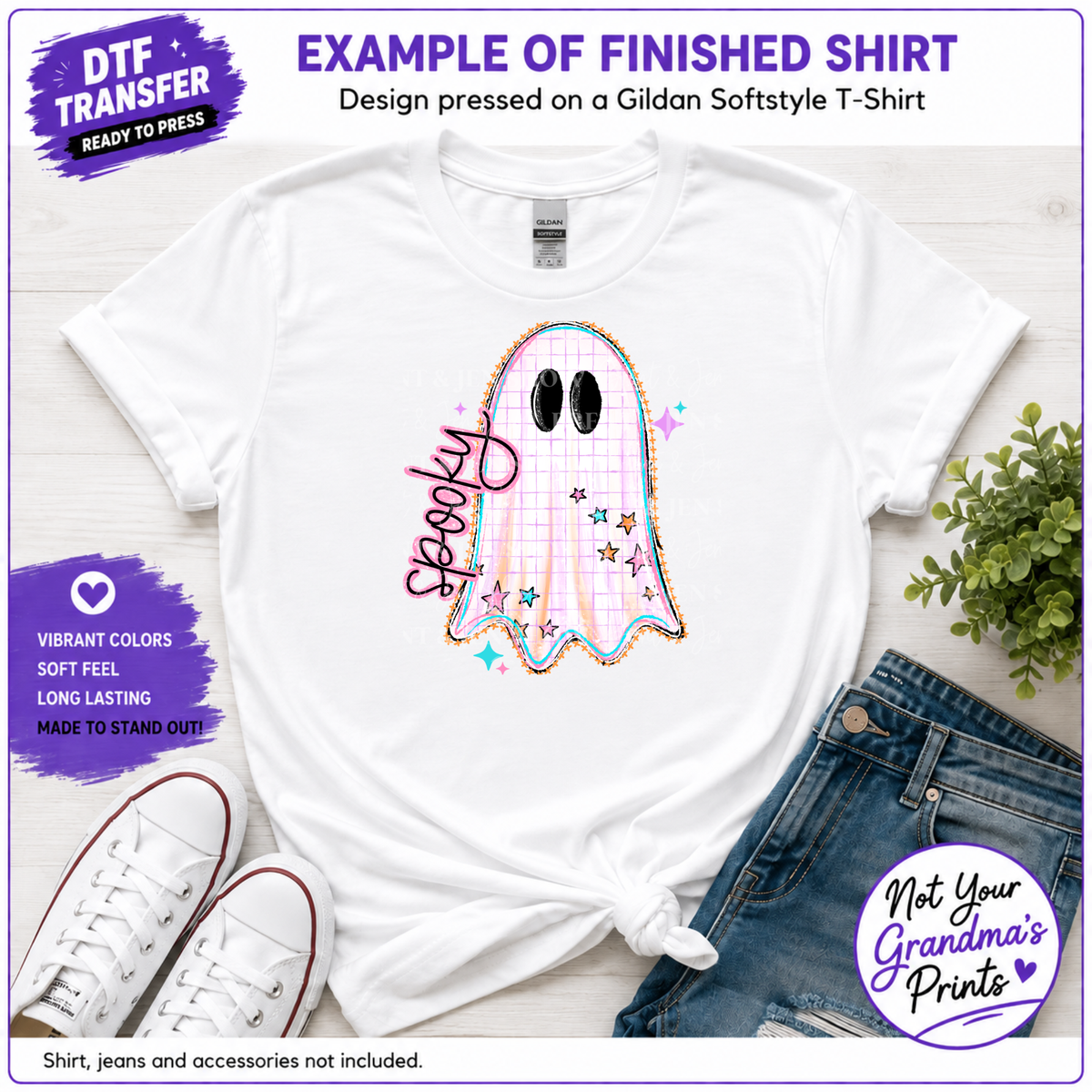 Spooky Ghost DTF Transfer: Grid Pattern, Stars, Ready-to-Press