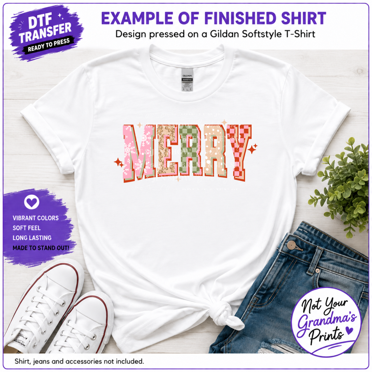 Merry DTF Transfer: Festive Patchwork Design (Ready-to-Press)