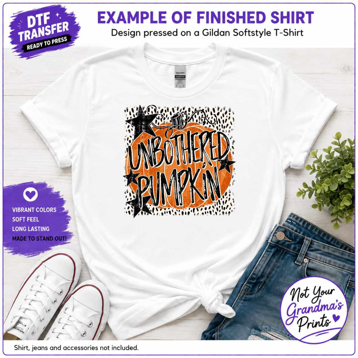 Unbothered Pumpkin DTF Transfer: Distressed Orange, Black Stars (Ready-to-Press)