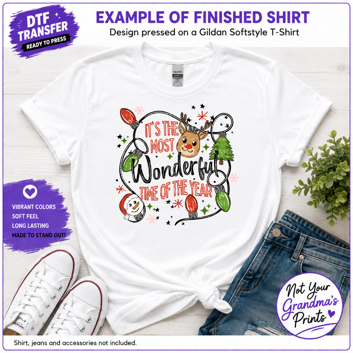 Christmas DTF Transfer: Reindeer, Snowman, Lights (Ready-to-Press)