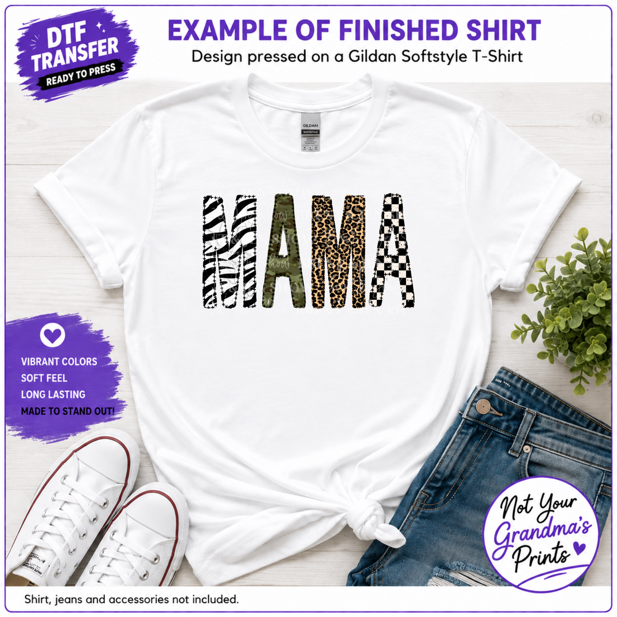 Mama Mixed Print DTF Transfer: Zebra, Camo, Leopard, Checkerboard (Ready-to-Press)
