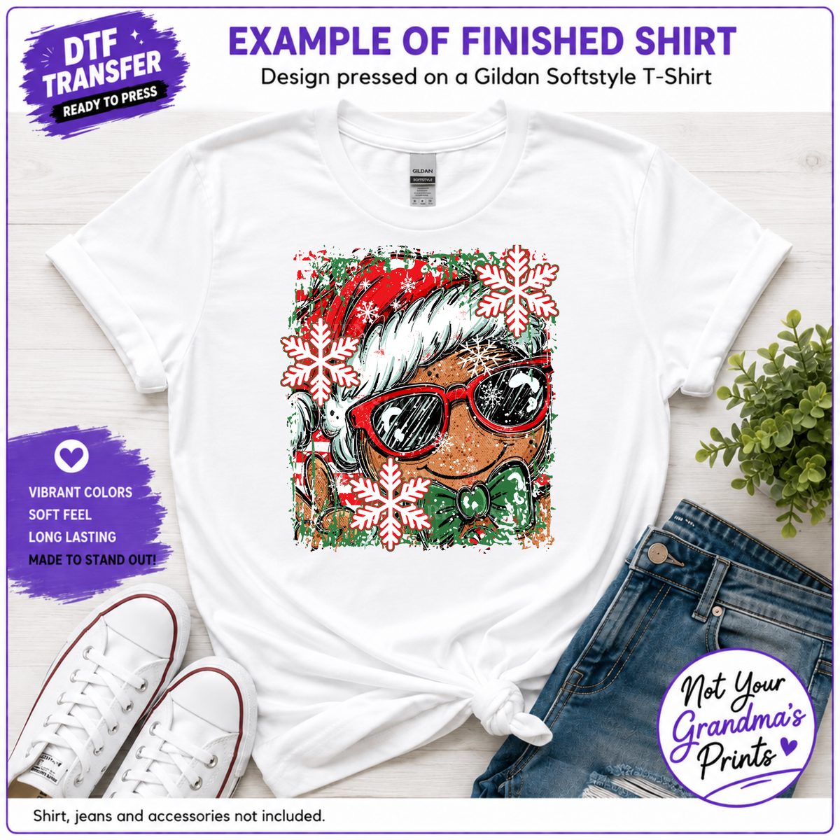 Winter Gingerbread Man DTF Transfer: Sunglasses, Santa Hat, Snowflakes (Ready-to-Press)