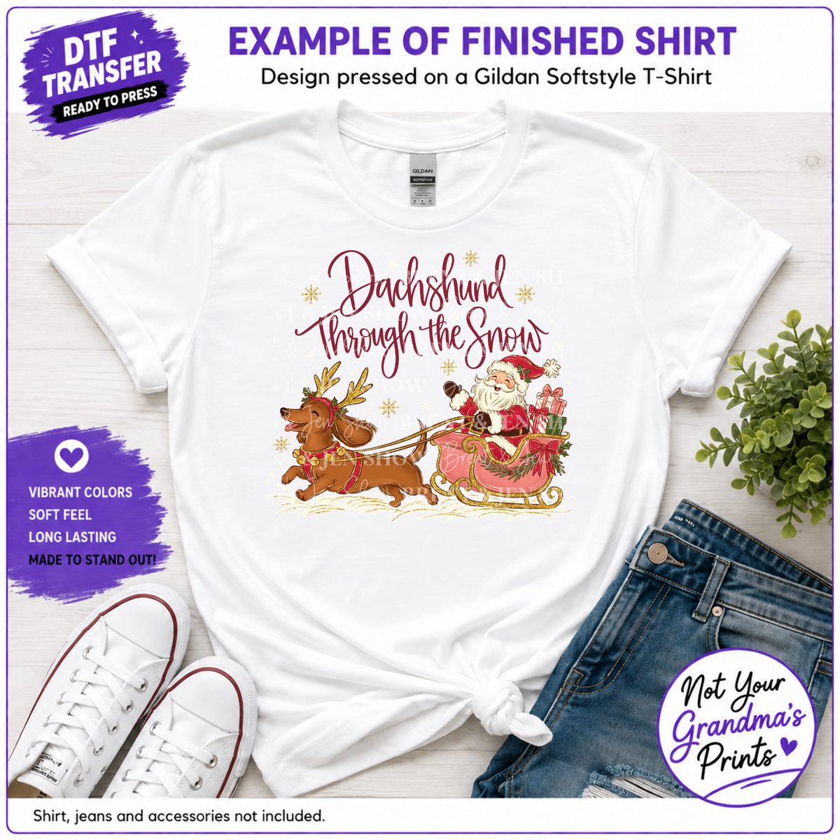 Dachshund Christmas DTF Transfer: Glitter Reindeer Antlers, Santa Sleigh (Ready-to-Press)