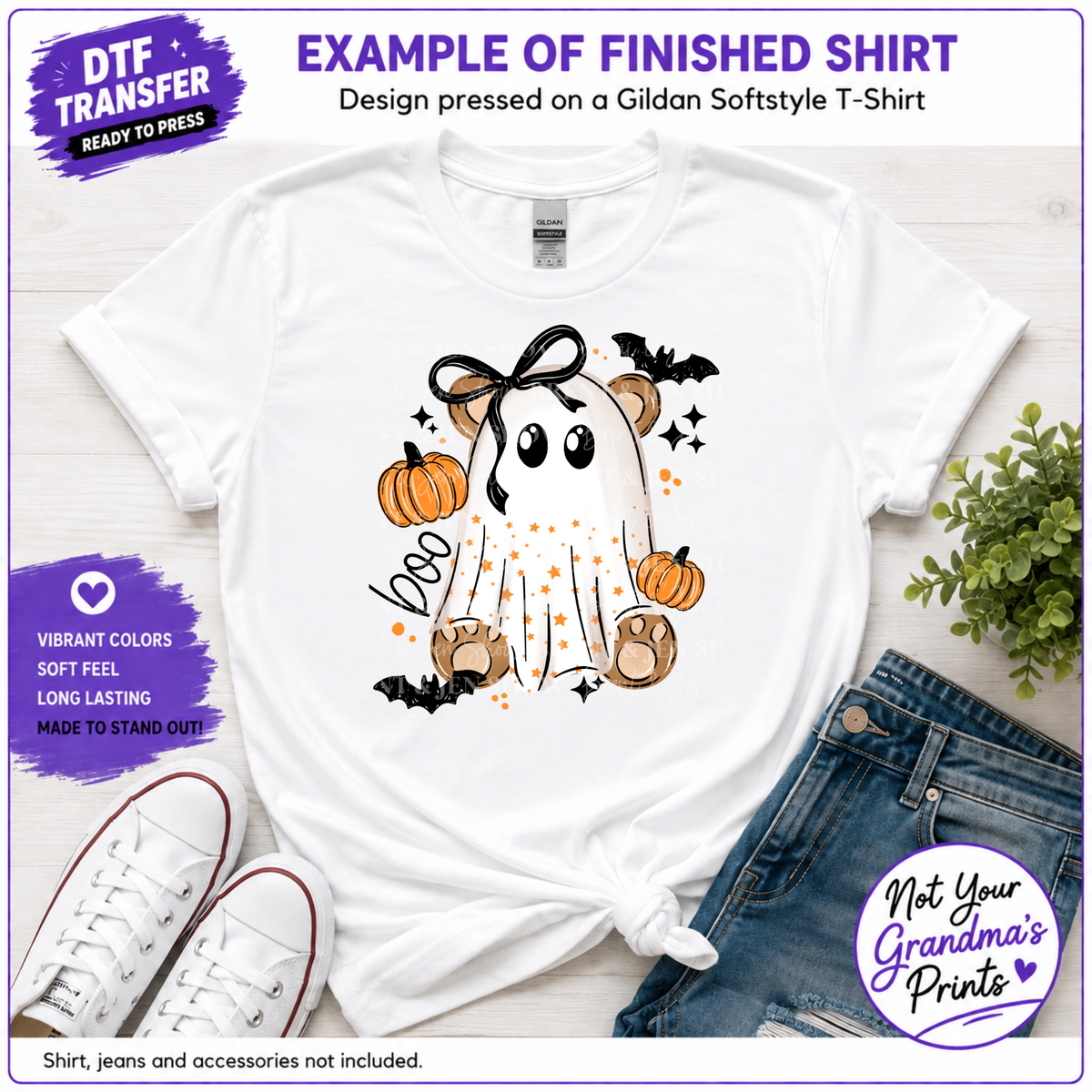Boo Bear DTF Transfer: Ghost Teddy, Pumpkins, Bats (Ready-to-Press)