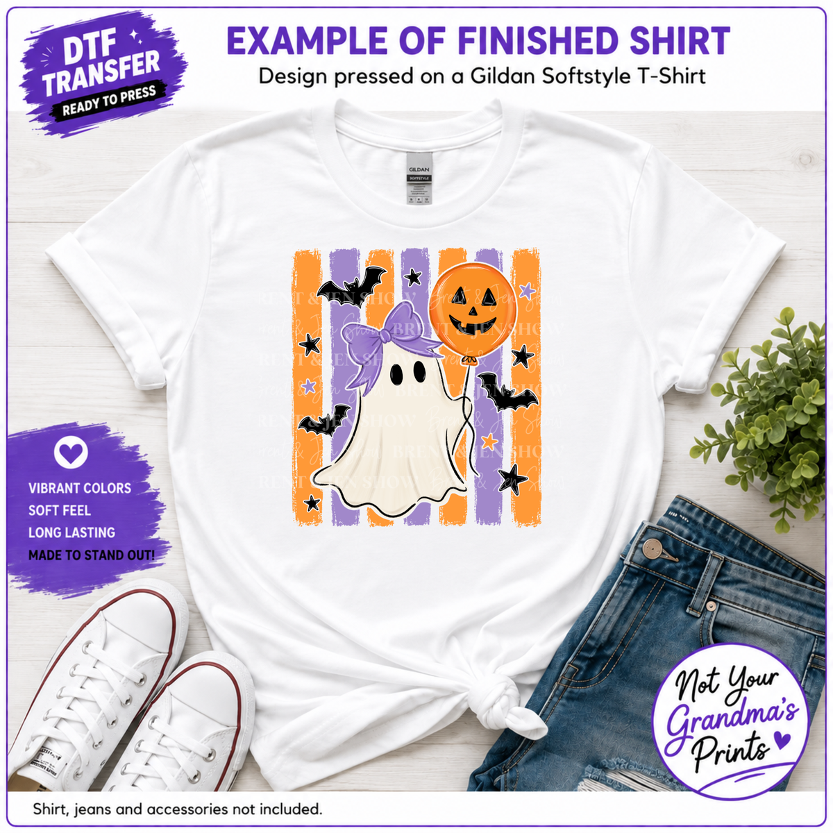 Striped Ghost With Balloon DTF Transfer, Ready to Press