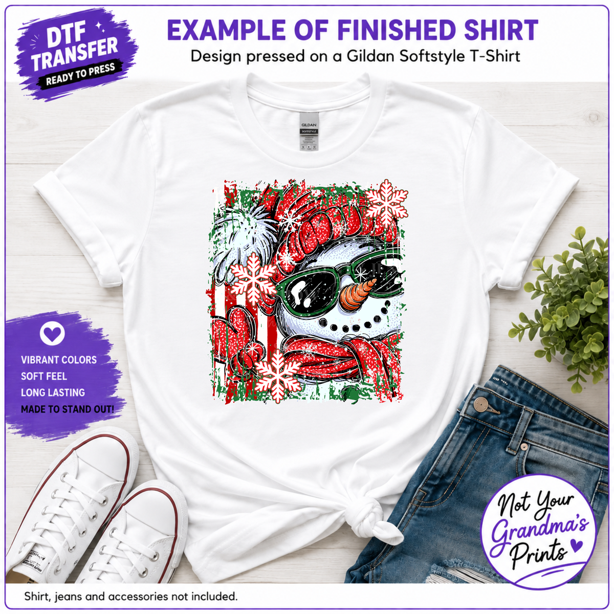 Adorable Snowman DTF Transfer: Sunglasses, Knit Hat, Festive Mittens (Ready-to-Press)