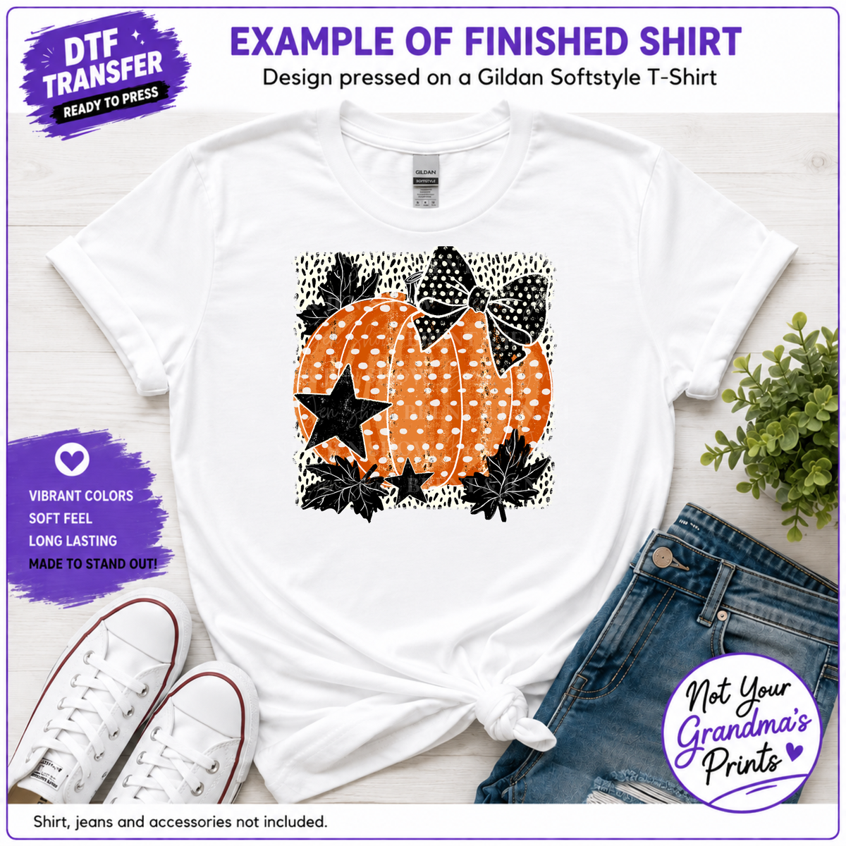 Funky Pumpkin Bow DTF Transfer: Distressed Polka-Dot, Retro Fall Leaves (Ready-to-Press)