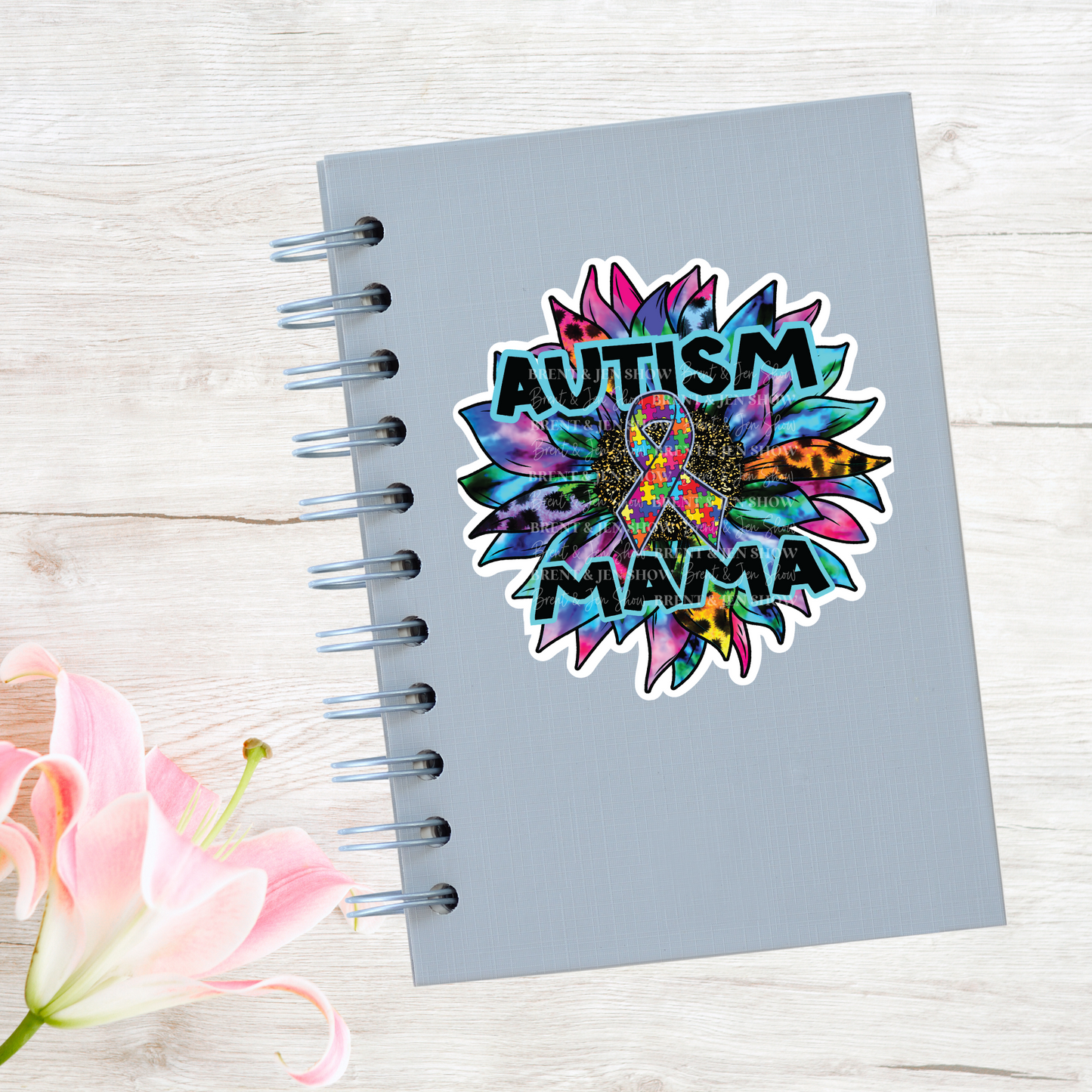 Autism Mama, Tie Dye Leopard Sunflower Sticker or Car Decal