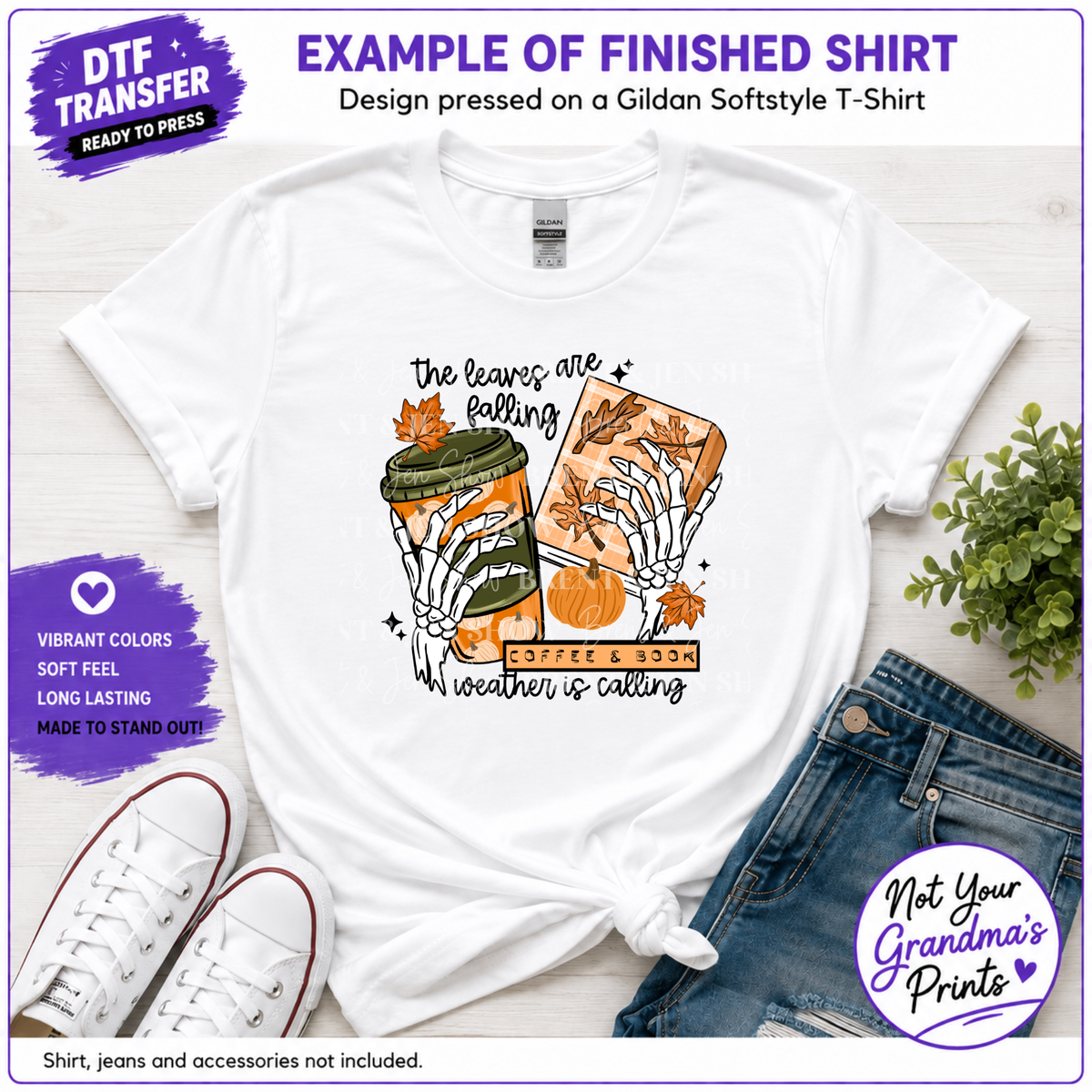 Fall Coffee & Book DTF Transfer: Pumpkin, Leaves, Skeleton Hands (Ready-to-Press)