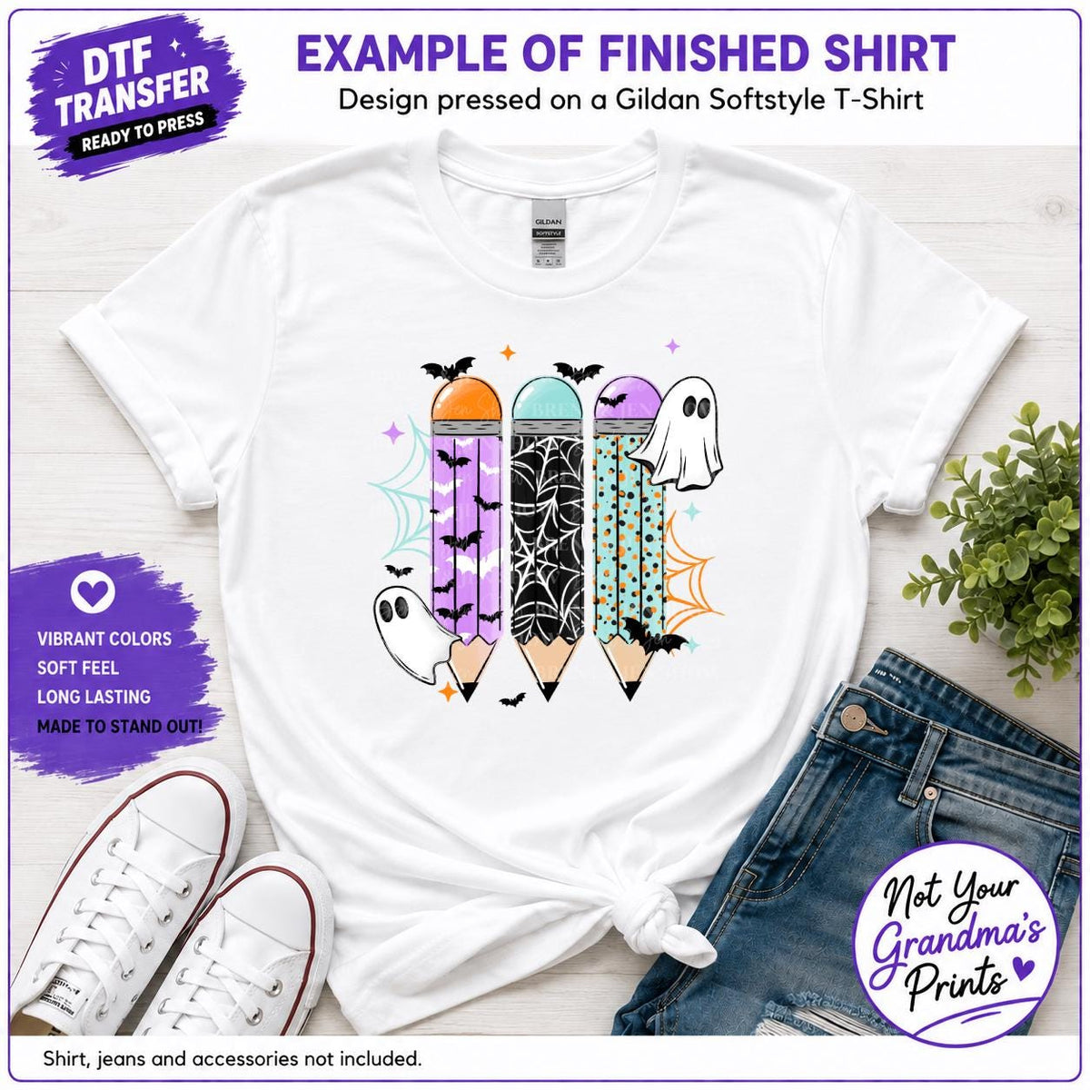 Halloween Pencil DTF Transfer: Ghosts, Bats, Spiders (Ready-to-Press)