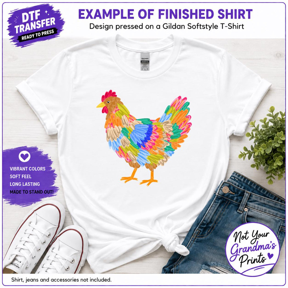 Colorful Rooster DTF Transfer Print (Ready-to-Press)