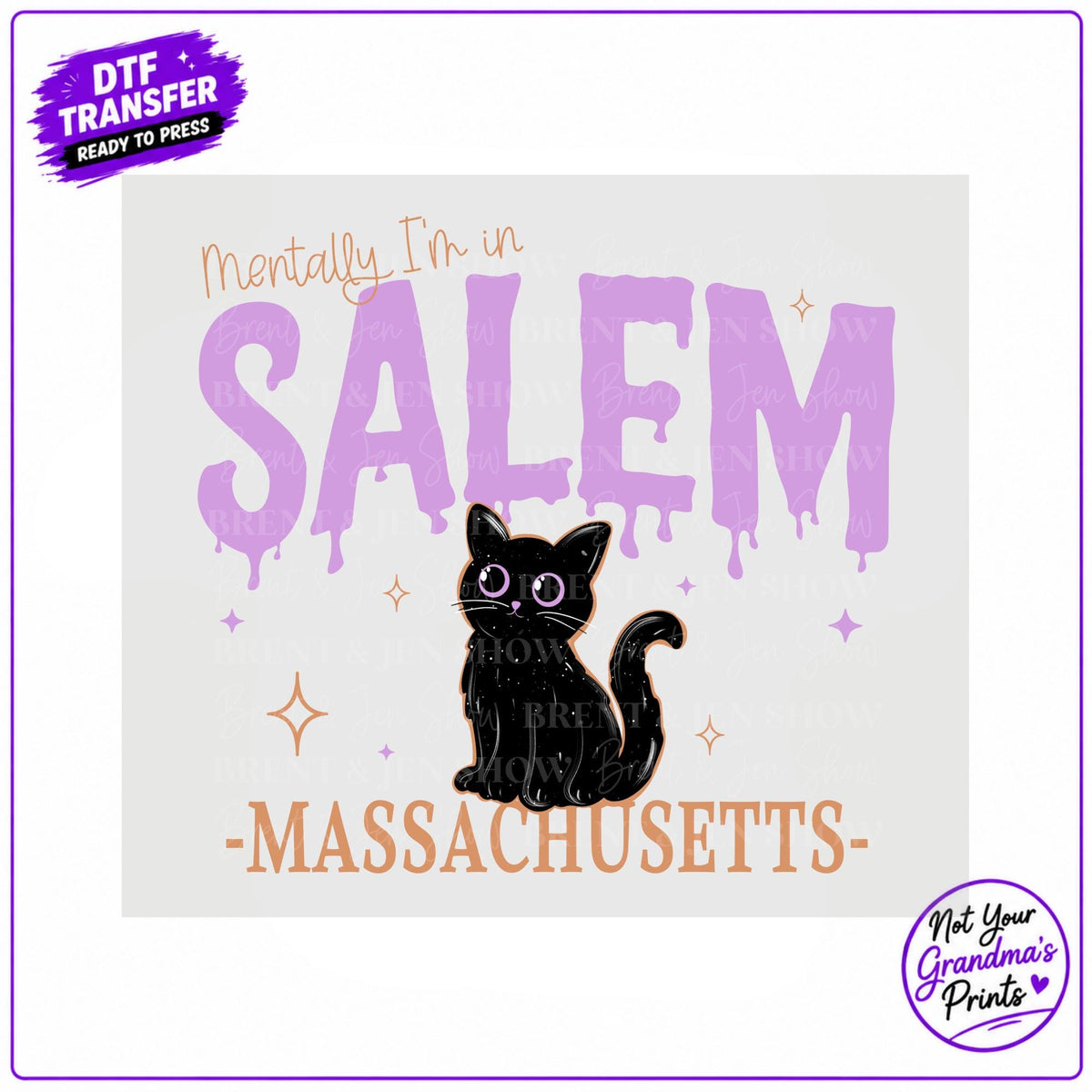 Mentally I'm in Salem DTF Transfer: Black Cat, Purple Lettering (Ready-to-Press)