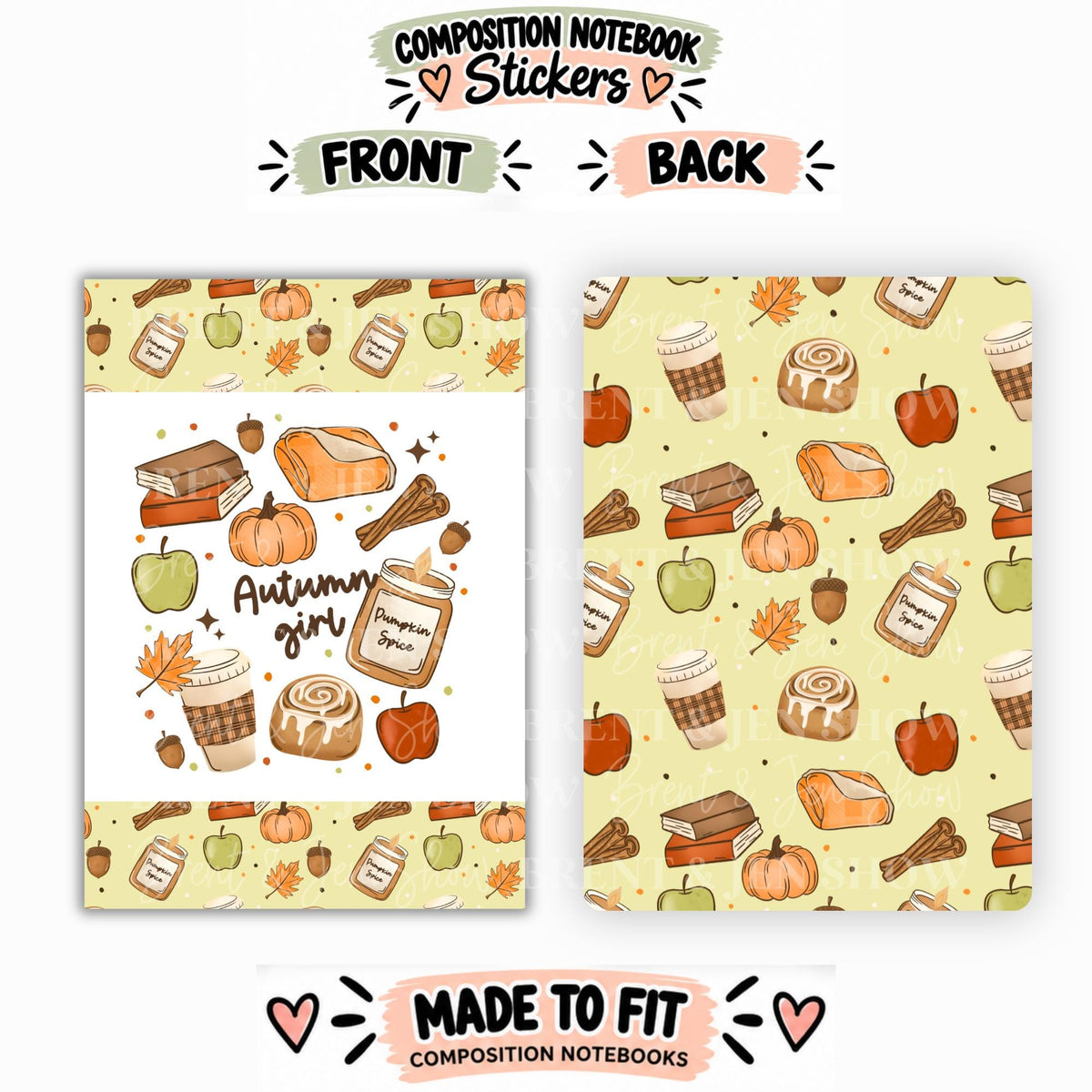 Autumn Girl, Pumpkin Spice Fall Composition Notebook Cover Stickers, Vinyl Front Back Set