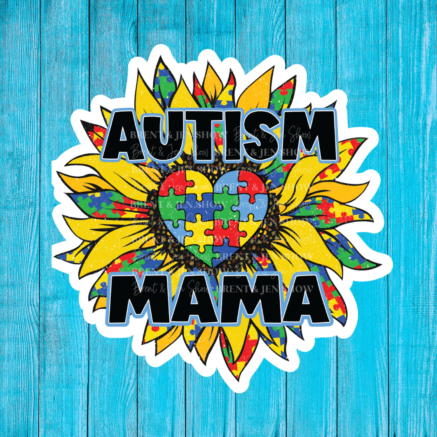 Autism Mama, Colorful Puzzle Piece Sunflower Sticker or Car Decal