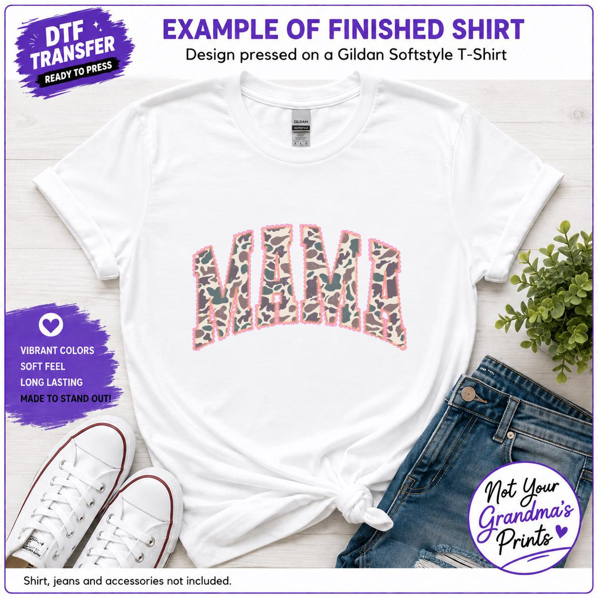 Mama Camo DTF Transfer: Varsity Style, Pink Stitched Details (Ready-to-Press)