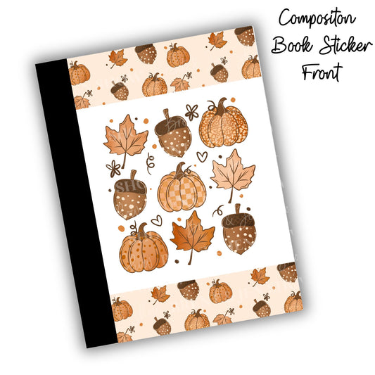 Fall Pumpkin, Acorns and Leaves Composition Notebook Cover Stickers, Vinyl Front Back Set