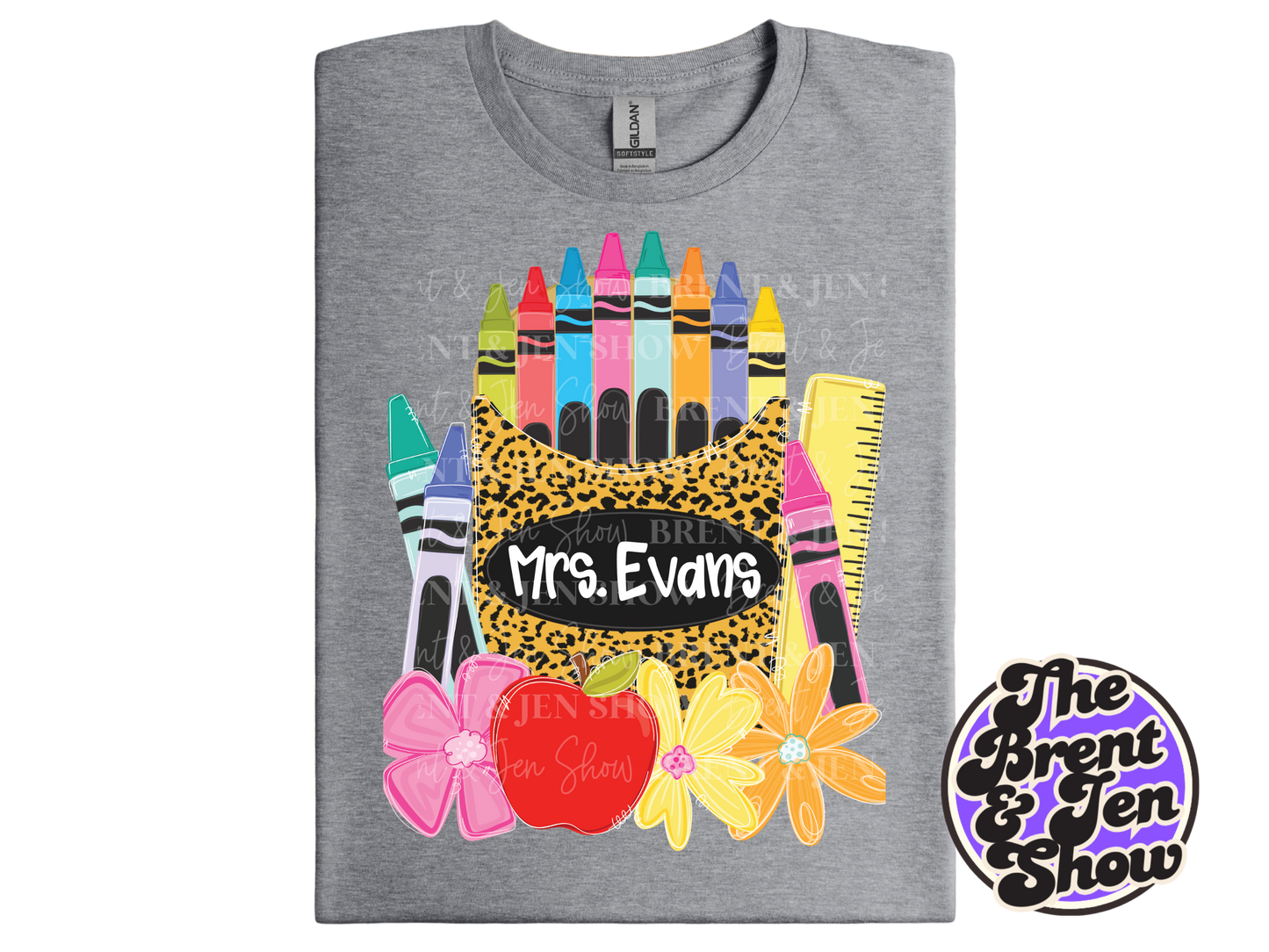 Custom Name Teacher Shirt, Personalized Apple Crayon Leopard Print Tee