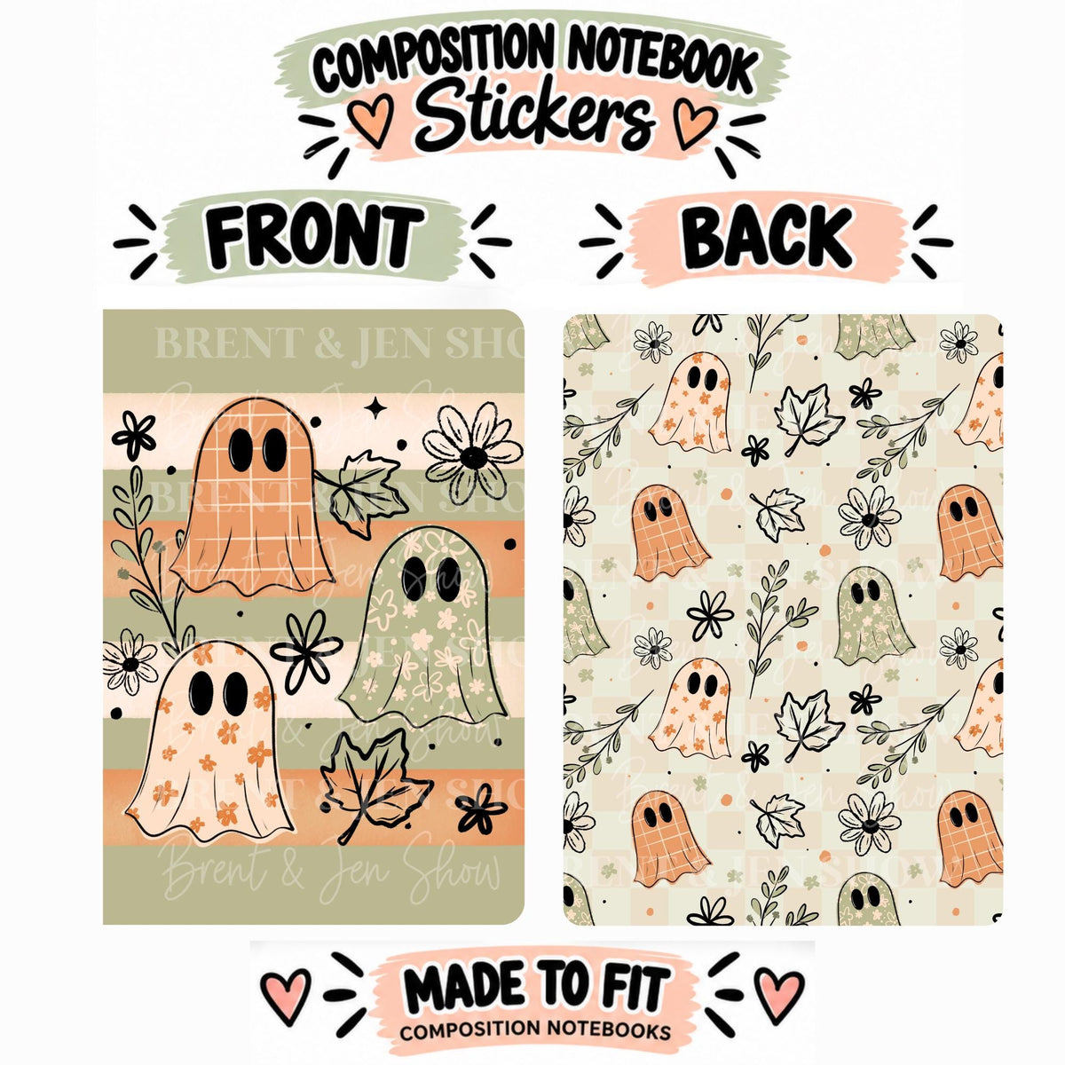 Fall Ghost Composition Notebook Cover Stickers, Vinyl Front Back Set