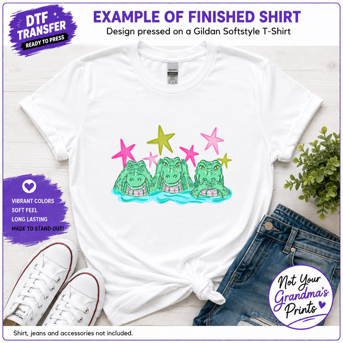 Crocodile DTF Transfer: Three Alligators Print, Colorful Gator(Ready-to-Press)