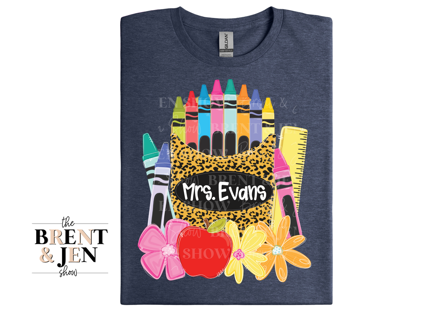 Custom Name Teacher Shirt, Personalized Apple Crayon Leopard Print Tee