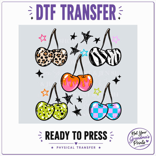 Funky Cherry DTF Transfer: Leopard, Zebra, Checkerboard Patterns (Ready-to-Press)