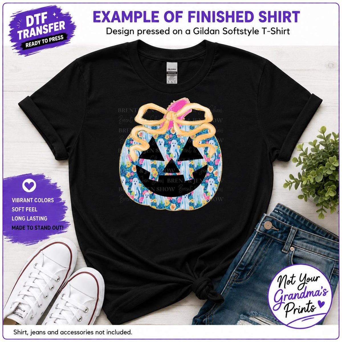 Floral Ghost Pumpkin DTF Transfer (Ready-to-Press)