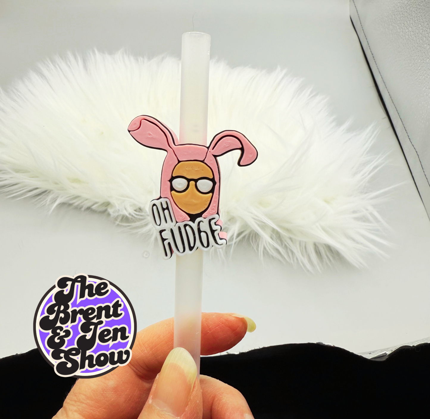 OH FUDGE Pink Bunny Suit Straw Topper