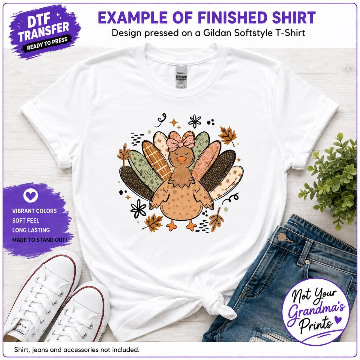 Turkey DTF Transfer: Patchwork Feathers, Autumn Leaves (Ready-to-Press)