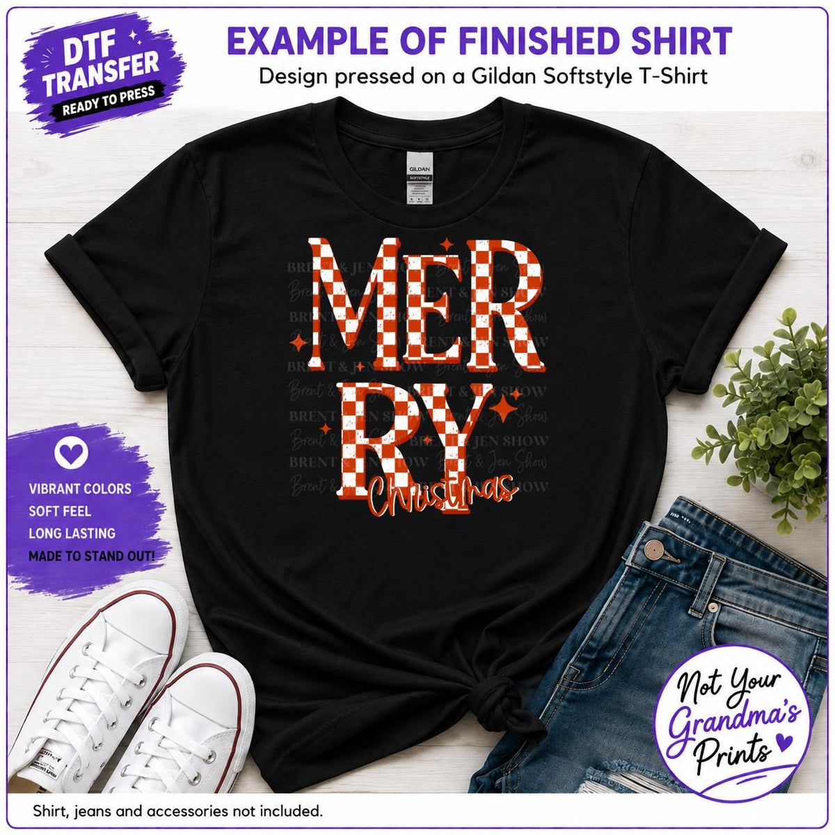 Merry Christmas DTF Transfer: Distressed Checkerboard Lettering (Ready-to-Press)