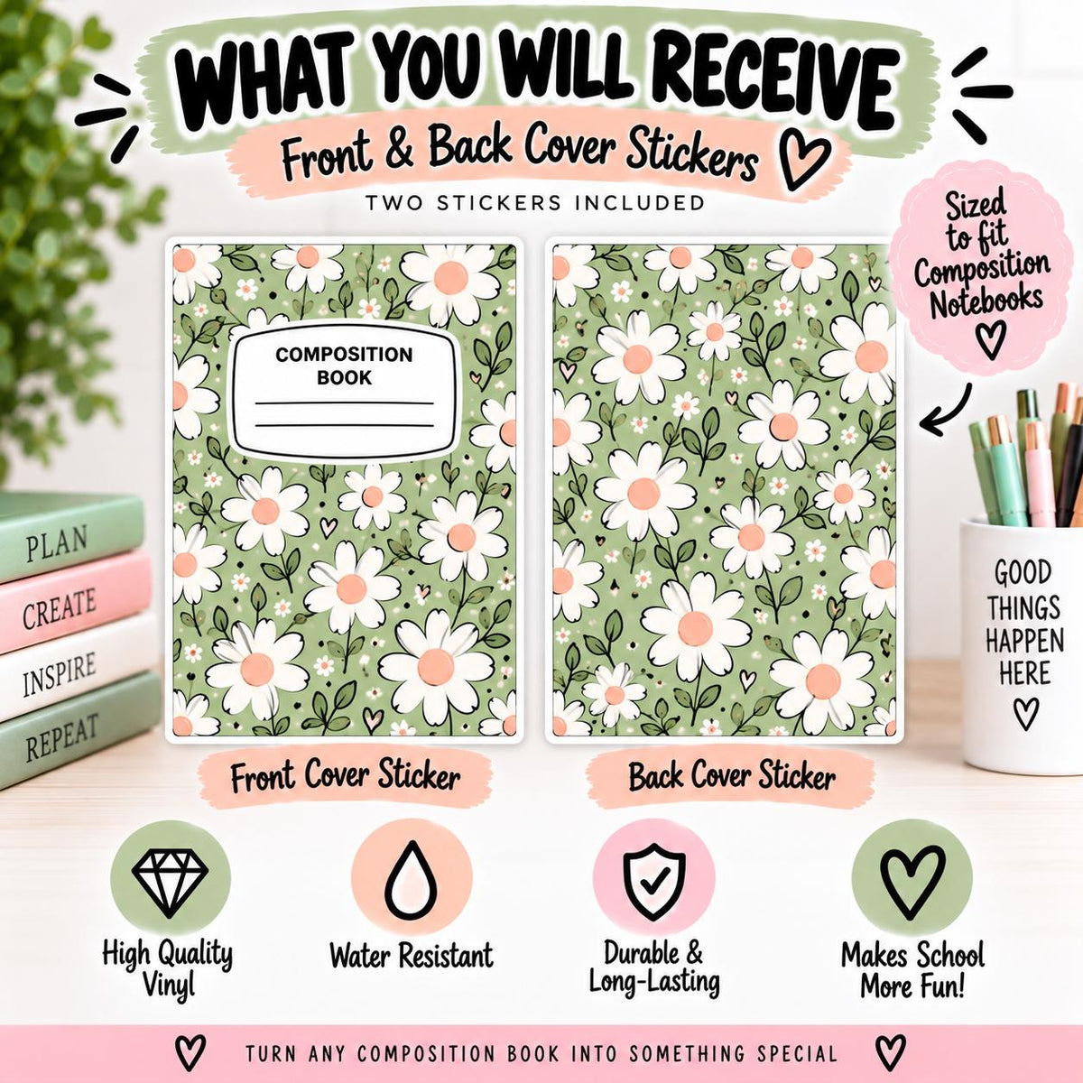 Pink Ribbon, Breast Cancer Awareness Composition Notebook Cover Stickers, Vinyl Front Back Set