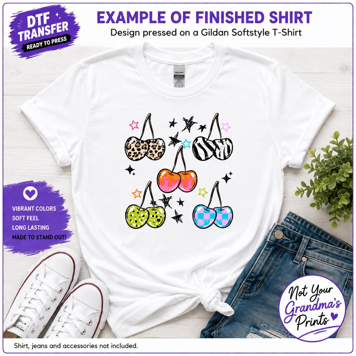 Funky Cherry DTF Transfer: Leopard, Zebra, Checkerboard Patterns (Ready-to-Press)