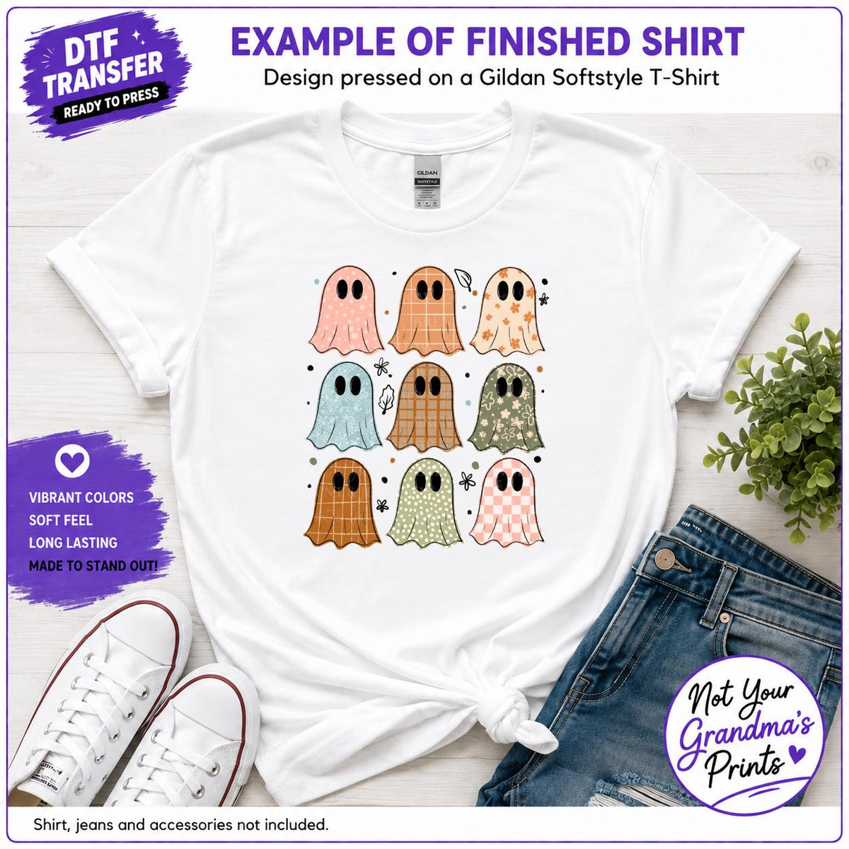 Patterned Ghosts DTF Transfer: Floral, Plaid, Check Prints (Ready-to-Press)