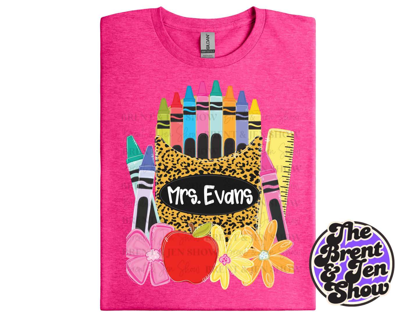 Custom Name Teacher Shirt, Personalized Apple Crayon Leopard Print Tee