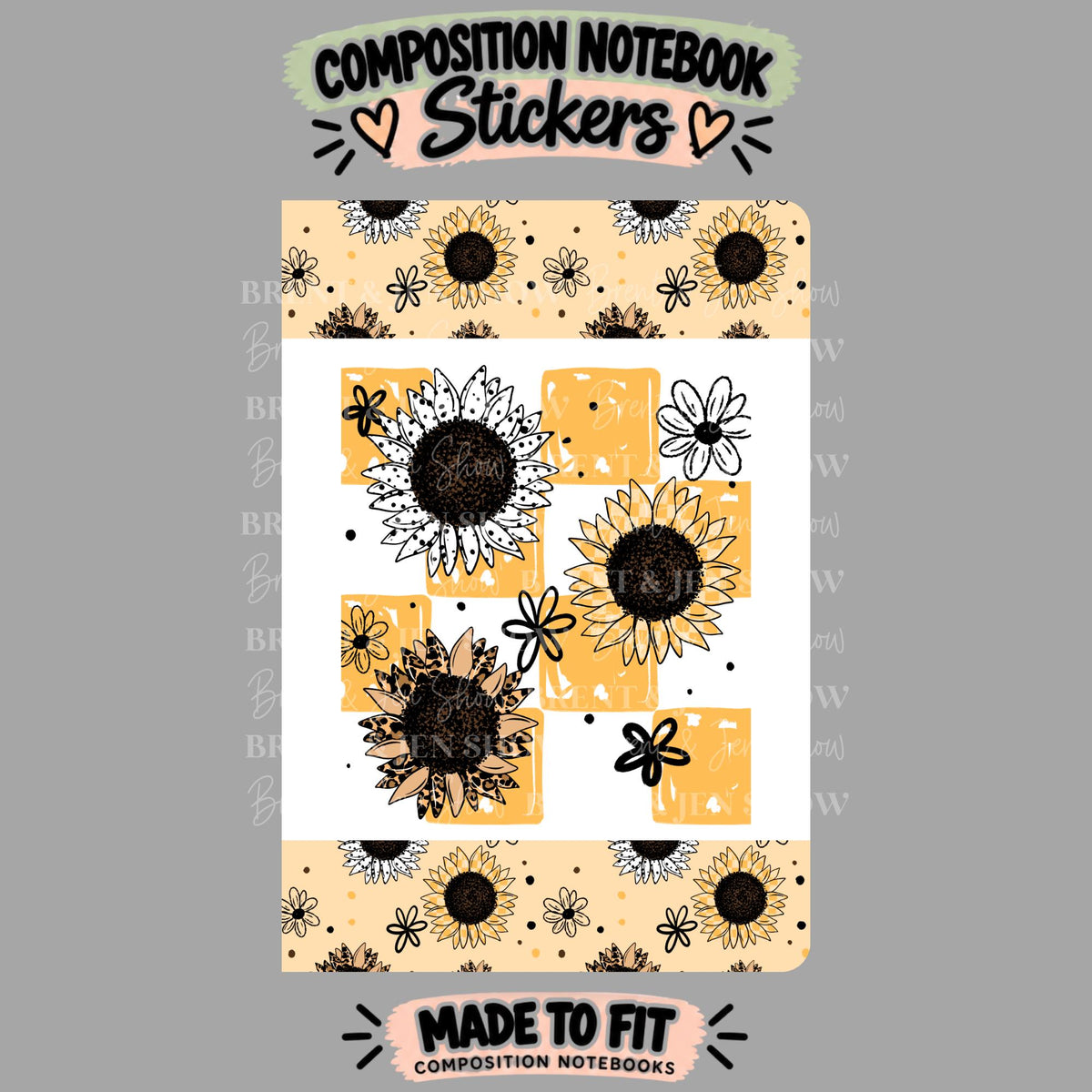 Sunflower Floral Composition Notebook Cover Stickers, Vinyl Front Back Set