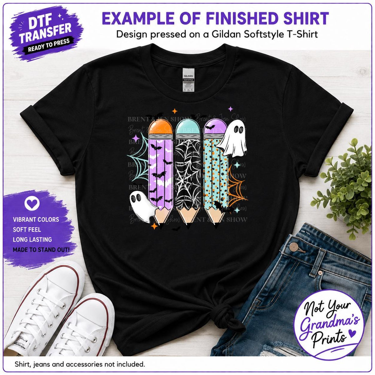 Halloween Pencil DTF Transfer: Ghosts, Bats, Spiders (Ready-to-Press)