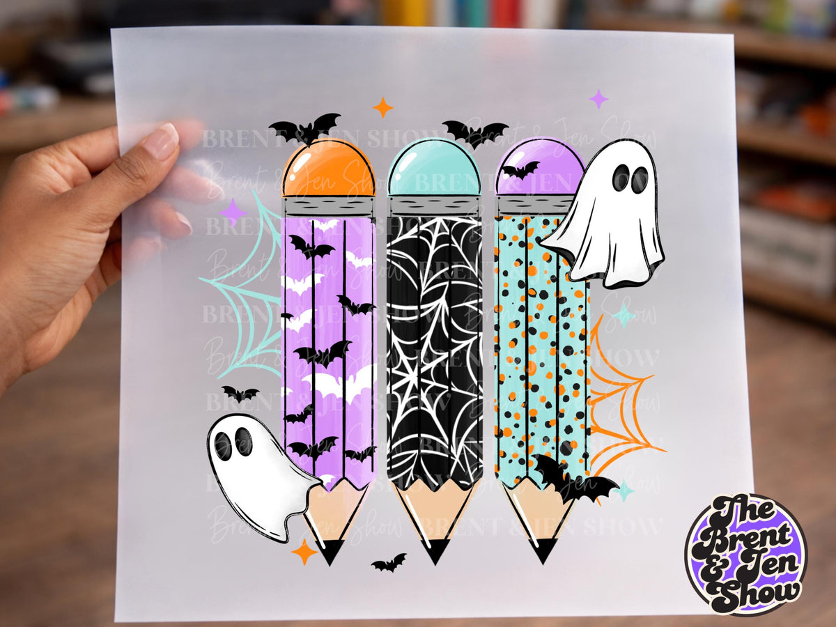 Halloween Pencil DTF Transfer: Ghosts, Bats, Spiders (Ready-to-Press)