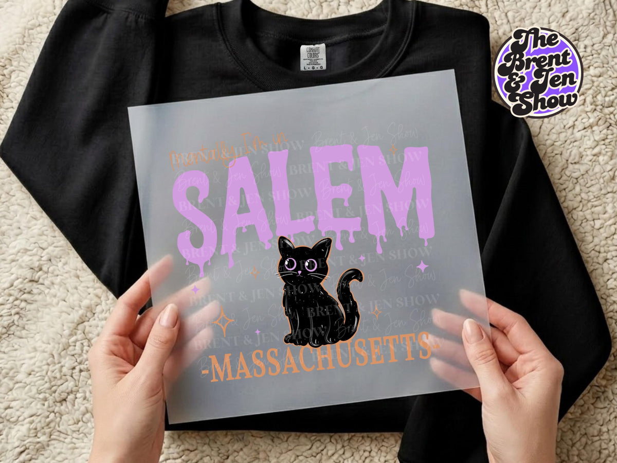 Mentally I'm in Salem DTF Transfer: Black Cat, Purple Lettering (Ready-to-Press)