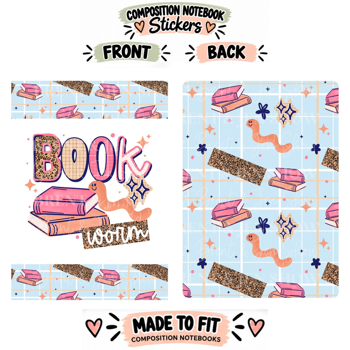 Book Worm Composition Notebook Cover Stickers, Vinyl Front Back Set