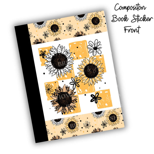 Sunflower Floral Composition Notebook Cover Stickers, Vinyl Front Back Set