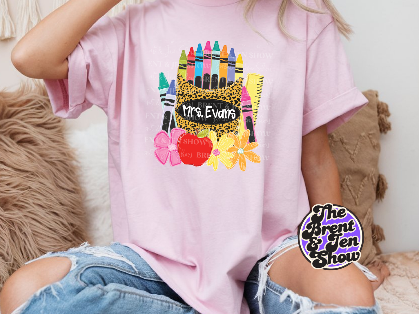 Custom Name Teacher Shirt, Personalized Apple Crayon Leopard Print Tee