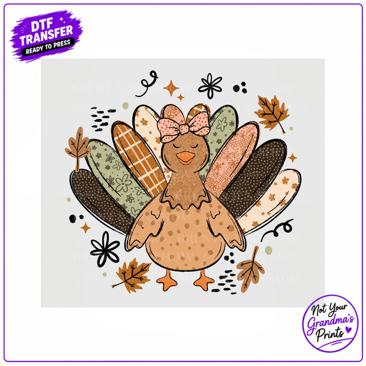Turkey DTF Transfer: Patchwork Feathers, Autumn Leaves (Ready-to-Press)