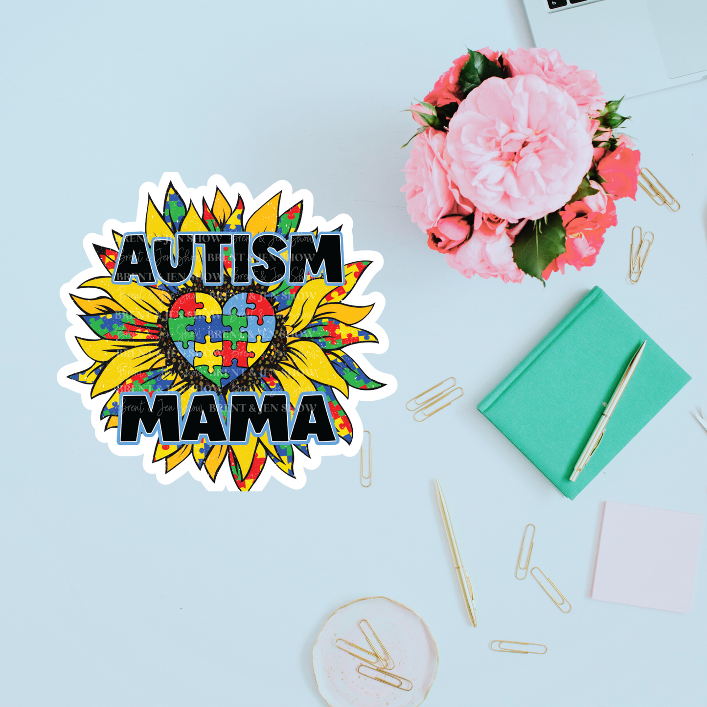 Autism Mama, Colorful Puzzle Piece Sunflower Sticker or Car Decal