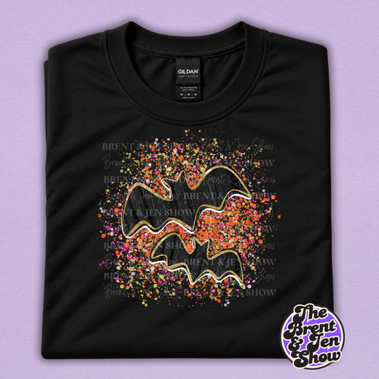 Glitter Bats Halloween T-Shirt – Colorful Spooky Graphic Tee