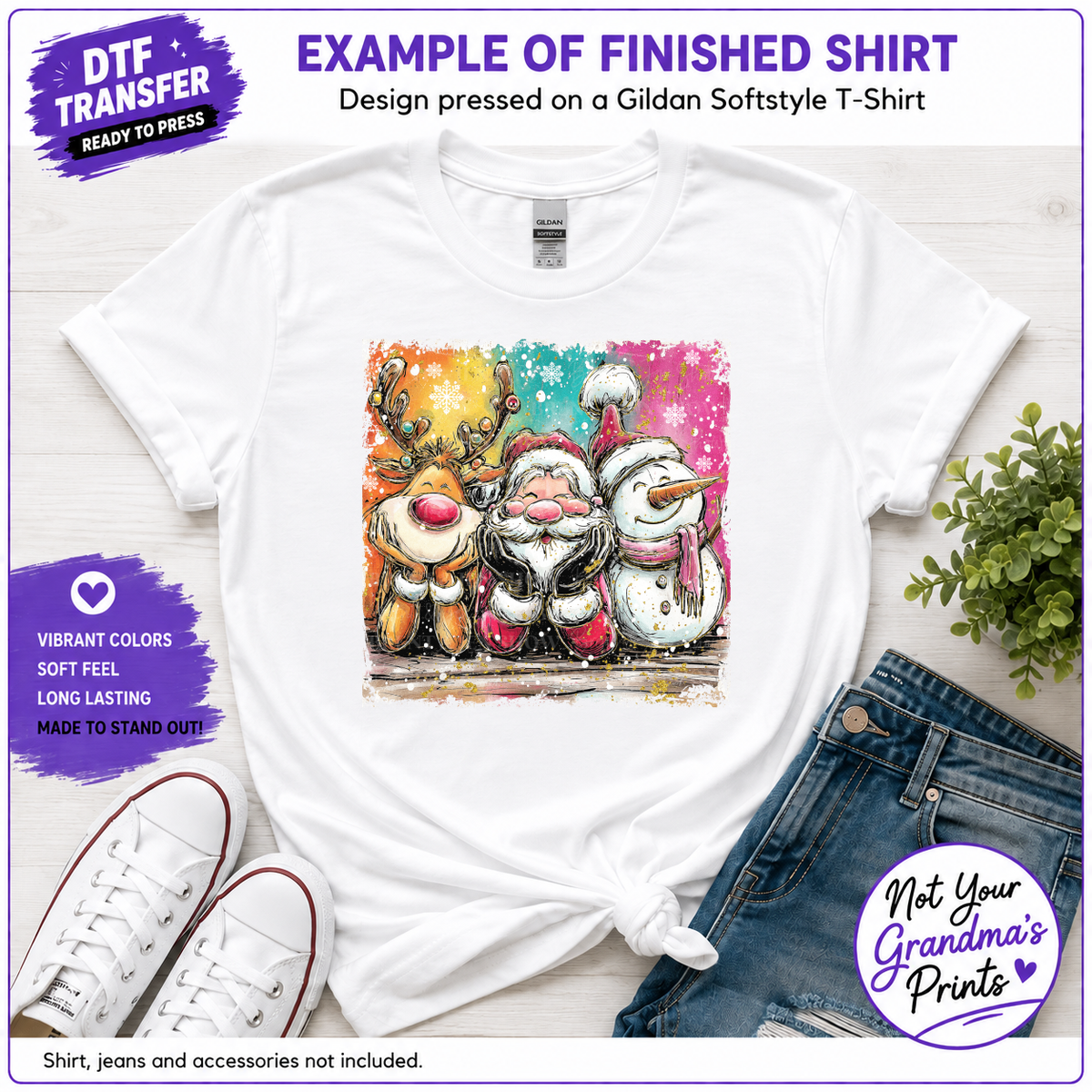 Christmas Trio DTF Transfer: Santa, Reindeer, Snowman (Ready-to-Press)