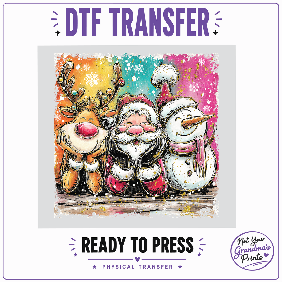 Christmas Trio DTF Transfer: Santa, Reindeer, Snowman (Ready-to-Press)