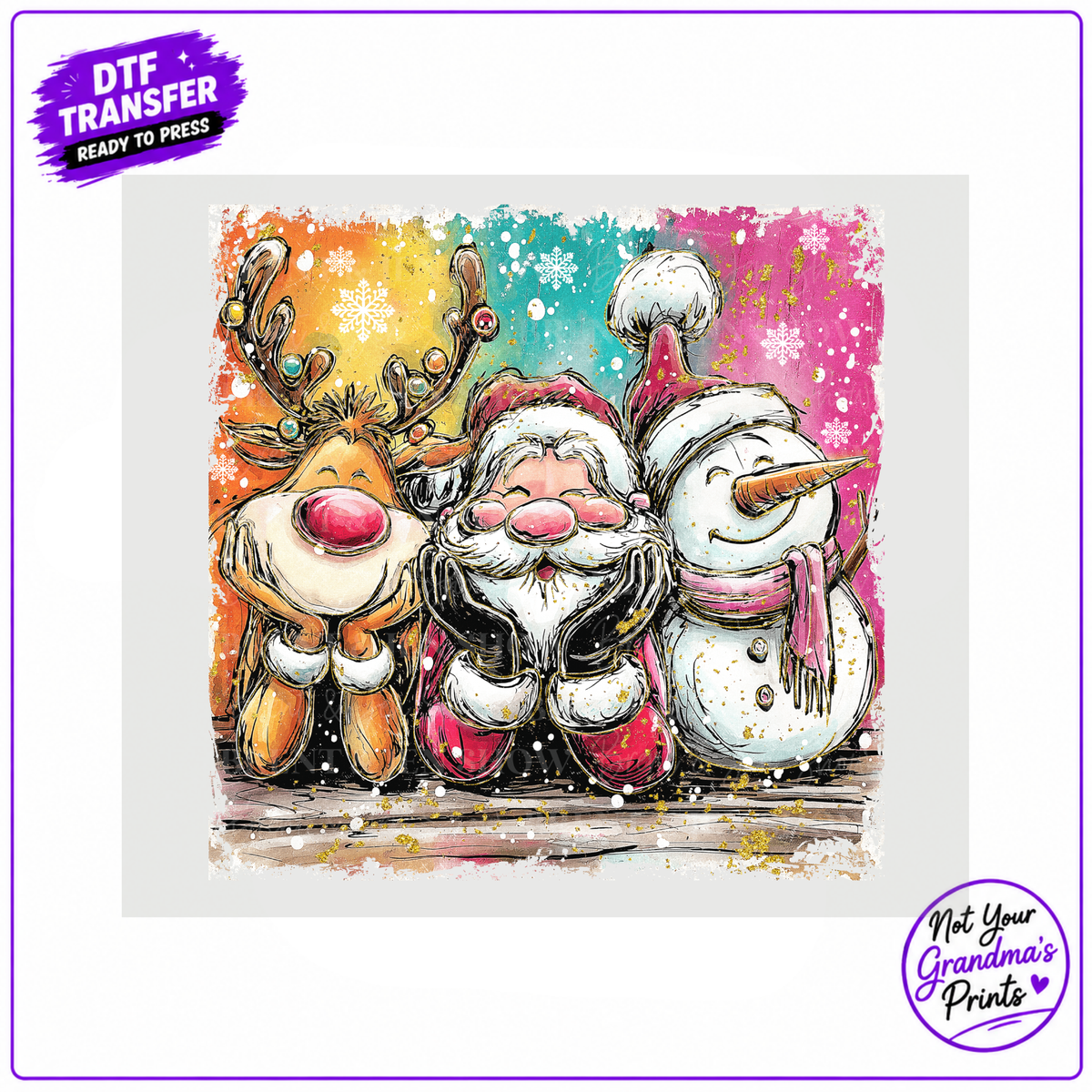 Christmas Trio DTF Transfer: Santa, Reindeer, Snowman (Ready-to-Press)