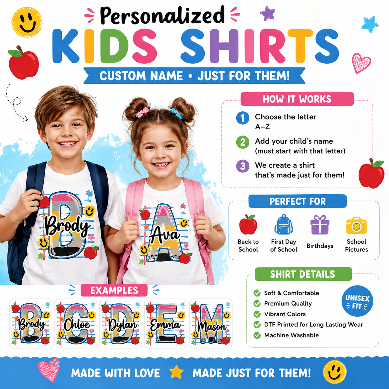 Personalized Kids Back to School Shirt | Custom Name Alphabet Tee